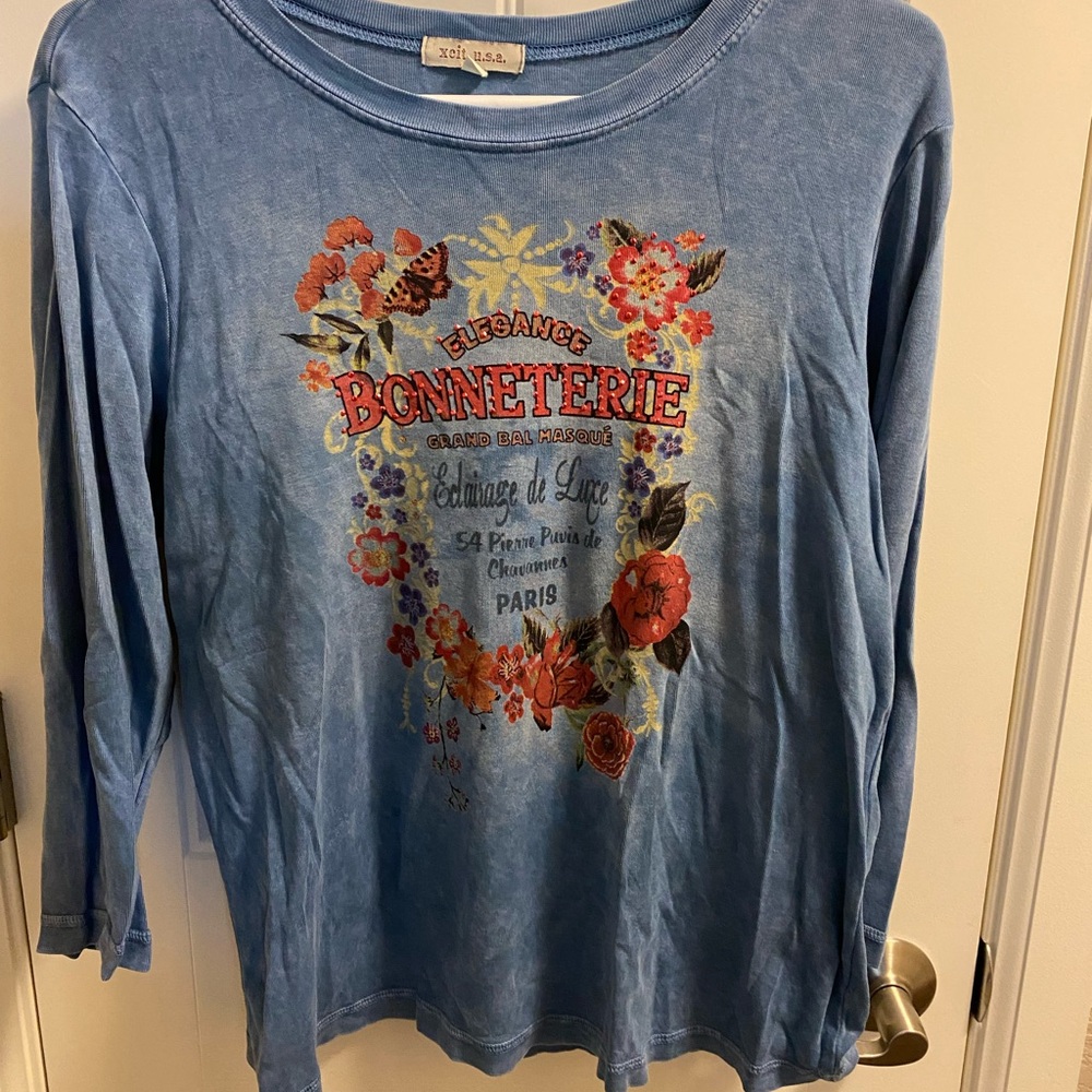 XCIT USA Top XL Juniors Blue Rhinestone Shirt 3/4 Sleeve Floral French
